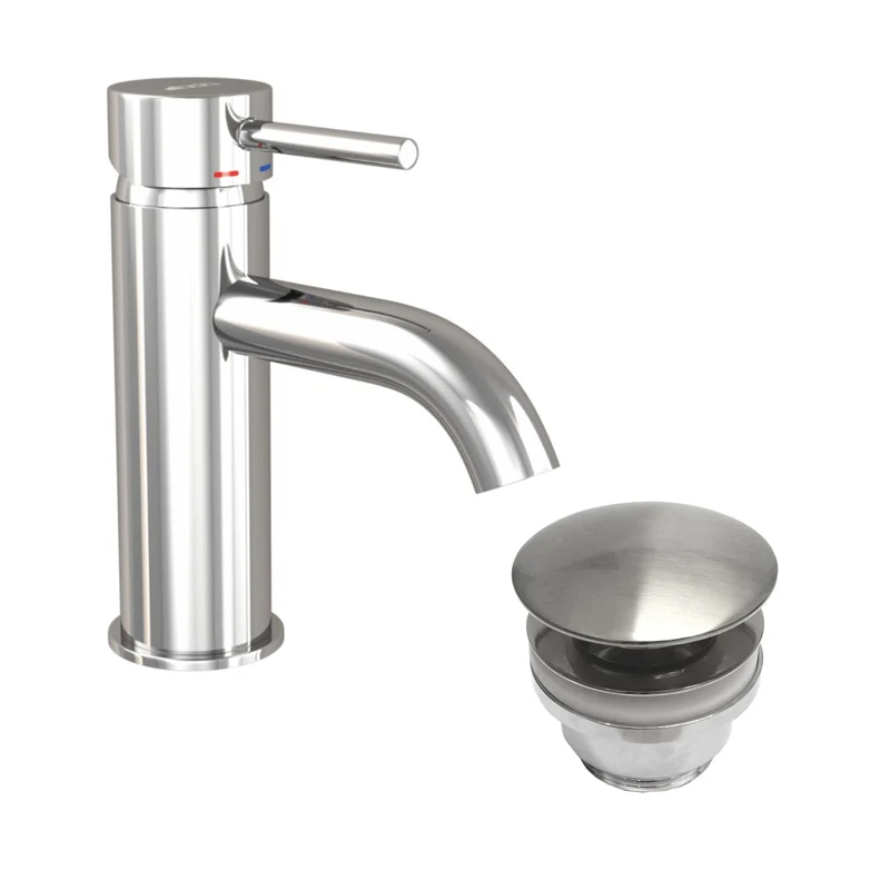 Rund tvättställsblandare 15,7 cm – med bottenventil (set) – Krom – Dragør
