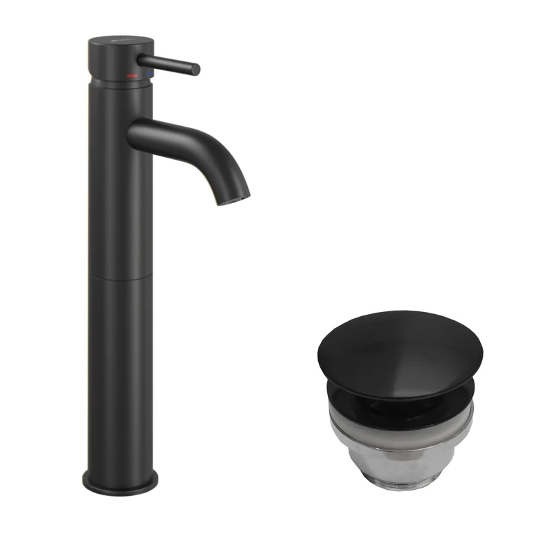 Rund tvättställsblandare 29 cm – hög modell – med bottenventil (set) – matt svart – Dragør