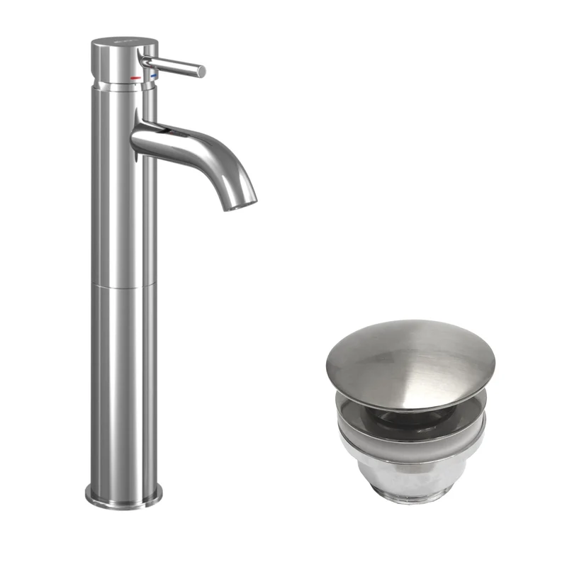 Rund tvättställsblandare 29 cm – hög modell – med bottenventil (set) – Krom – Dragør