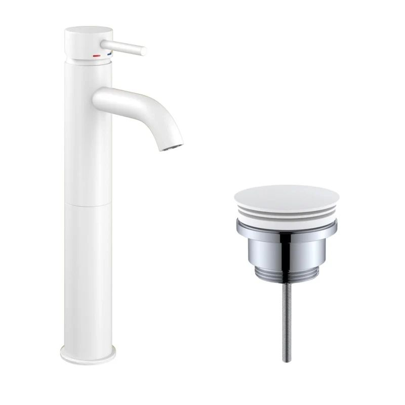 Rund tvättställsblandare 29 cm - hög modell - med bottenventil (set) - matt vit - Dragør