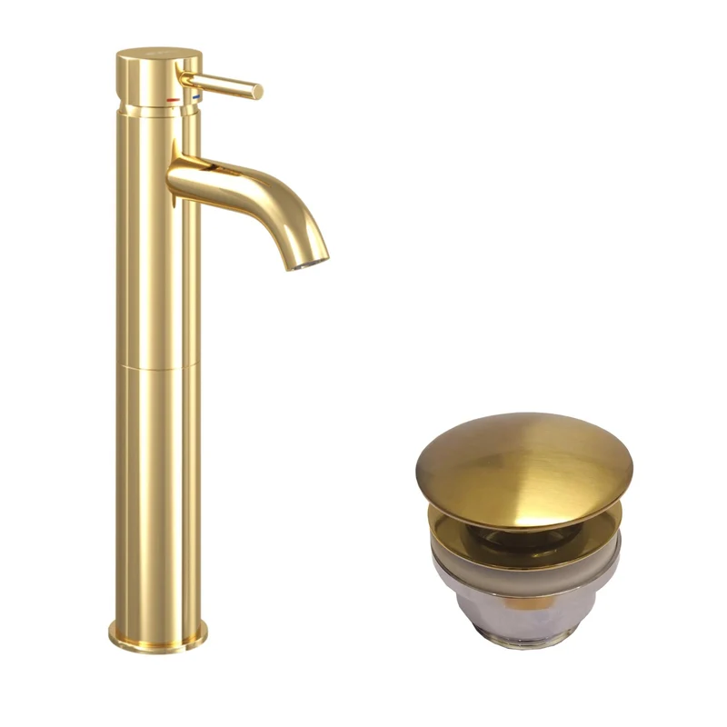Rund tvättställsblandare 29 cm - hög modell - med bottenventil (set) - blank mässing - Dragør
