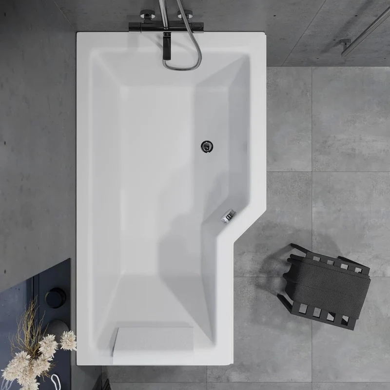 Asymmetriskt badkar högerställt 150x85 cm i vit akryl med frontpanel, benställning, avloppssats och överfyllnadsskydd - Svensmarke