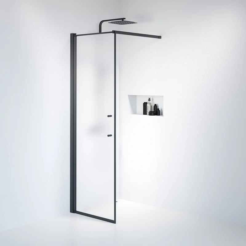 Duschvägg med stag 70x198 cm - 6 mm frostat nanoglas - svart profil - Vänern