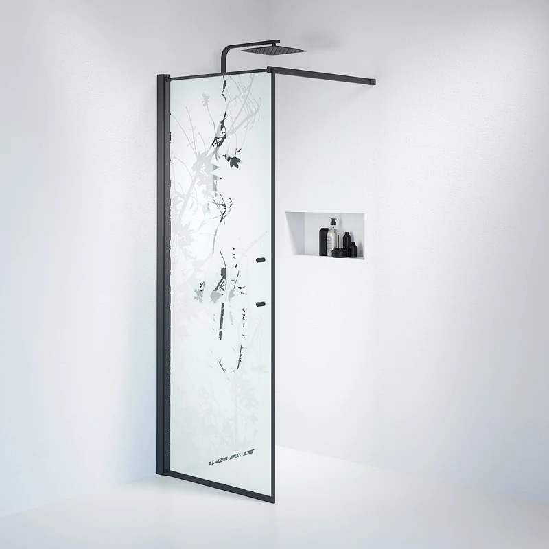 Duschvägg med stag 80x198 cm - 6 mm frostat dekorglas med nanobehandling - svart profil - Vänern