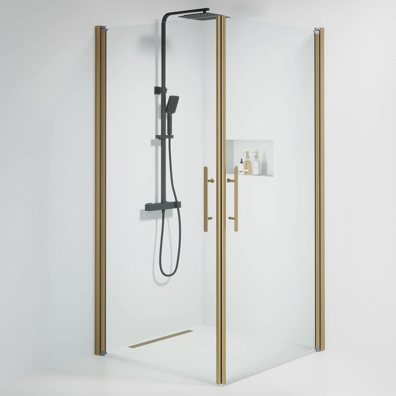 Duschhörna kvadratisk 100x100x198 cm - 6 mm klart nanoglas - bronsprofil - Vänern