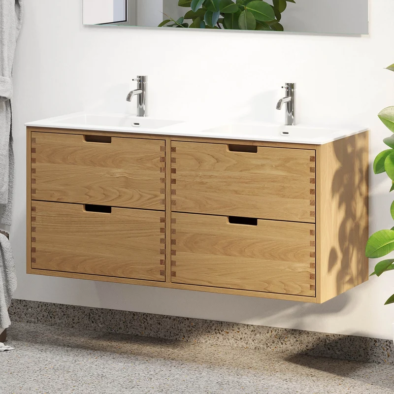 Badrumsmöbel i massiv ek - 2 lådor med fingerskarv - 120x46x57 cm - oljad ek - dubbeltvättställ i solid surface - Egeskov