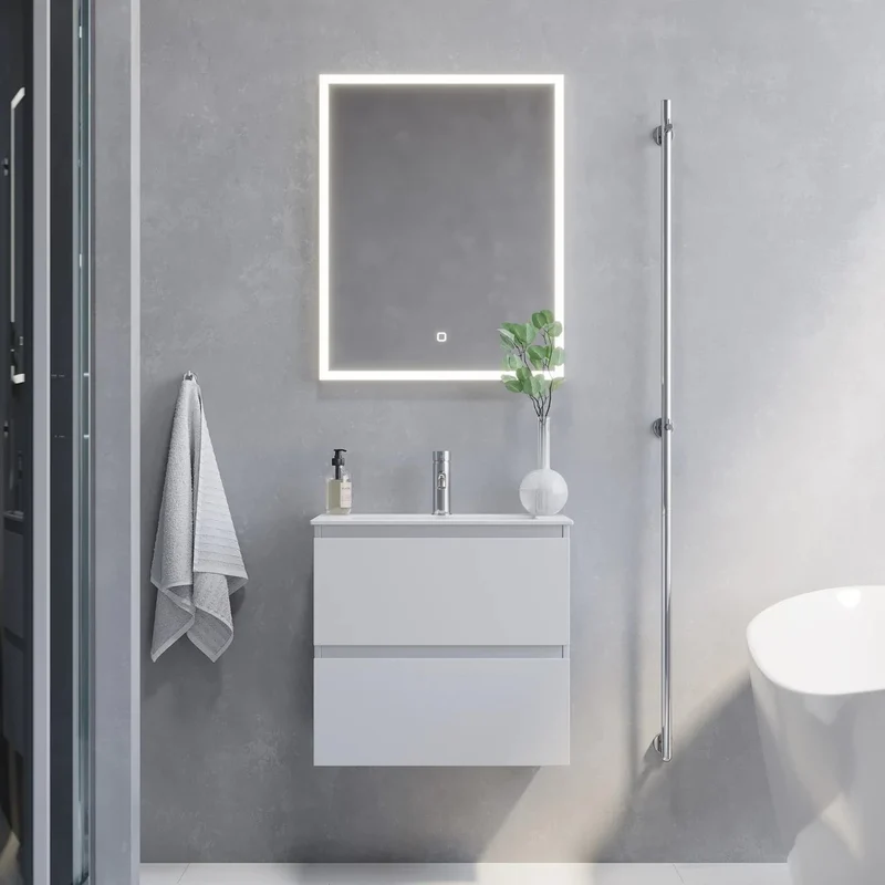Badrumsmöbel med klassiska integrerade Fronter - SLIM - 60x36x57 cm - matt vit - vit Porslin tvättställ - Sandshamn