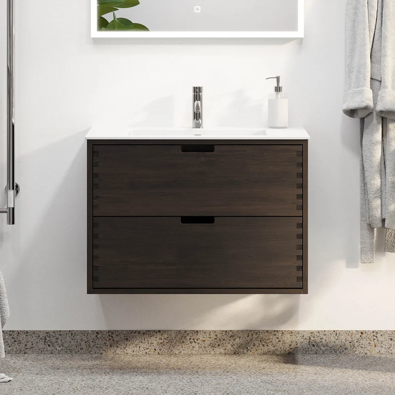 Badrumsmöbel i massiv ek - 2 lådor med fingerskarv - 80x46x57 cm - svart ek - tvättställ i solid surface - Egeskov