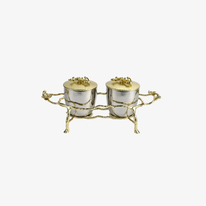Ambiente Gold Alloy & Glass Polished Textured Regal Branch Twin Jar Set 280 × 125 × 110 mm