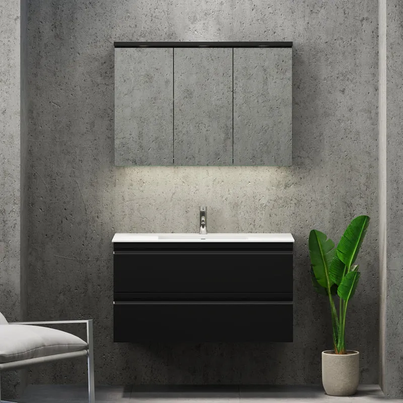 Badrumsmöbel med integrerade fronter - 100x46x57 cm - mattsvart - tvättställ i solid surface - Knarrlagsund