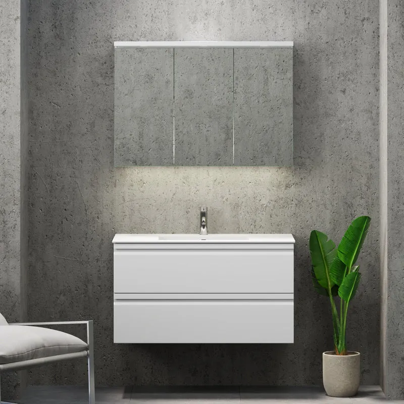 Badrumsmöbel med integrerade fronter - 100x46x57 cm - matt vit - tvättställ i solid surface - Knarrlagsund