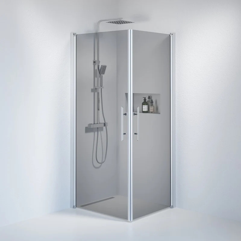 Duschvägg kvadratisk 80x90x198 cm - 6 mm rökfärgat nanoglas - borstad aluminiumprofil - Vänern