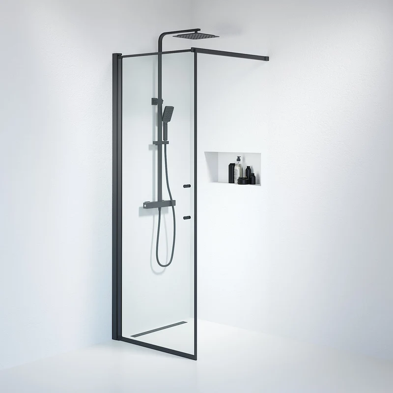 Duschvägg med stag 80x198 cm - 6 mm klart nanoglas - svart profil - Vänern