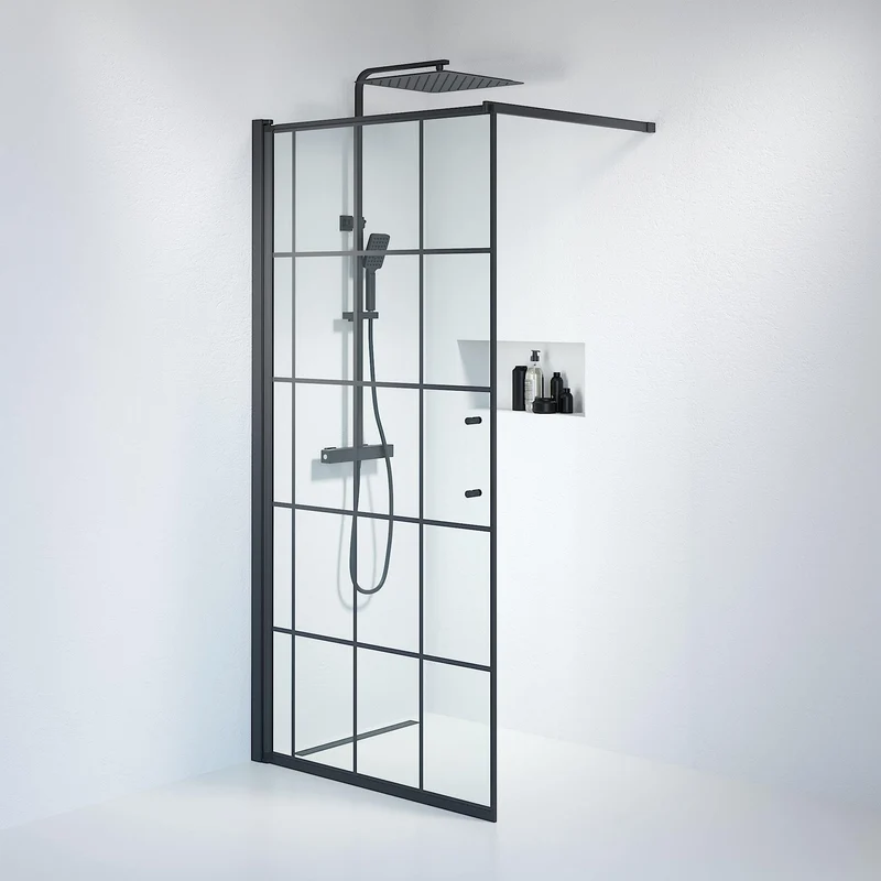 Duschvägg med spröjs 100x198 cm - 6 mm klart nanoglas med svarta spröjs - svart profil - Vänern