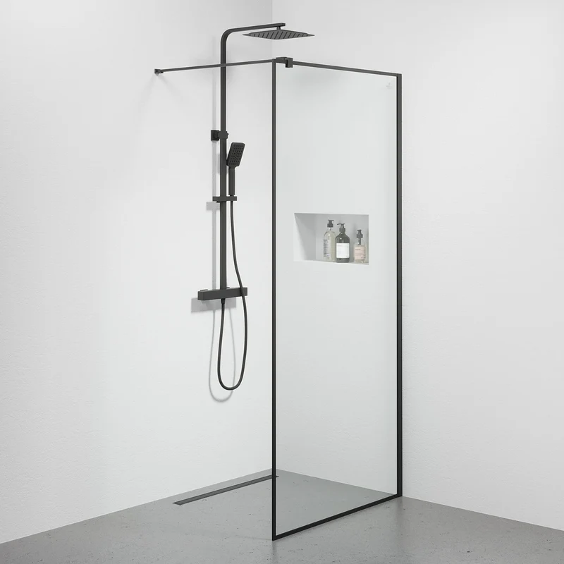 Duschvägg med stag 90x190 cm - 6 mm klart nanoglas - svart profil - Tulsa