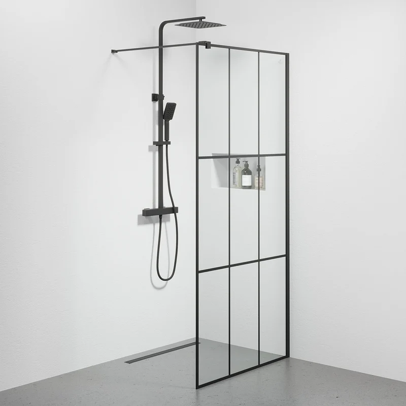Duschvägg med spröjs 90x190 cm - 6 mm klart nanoglas med svarta spröjs - svart profil - Tulsa