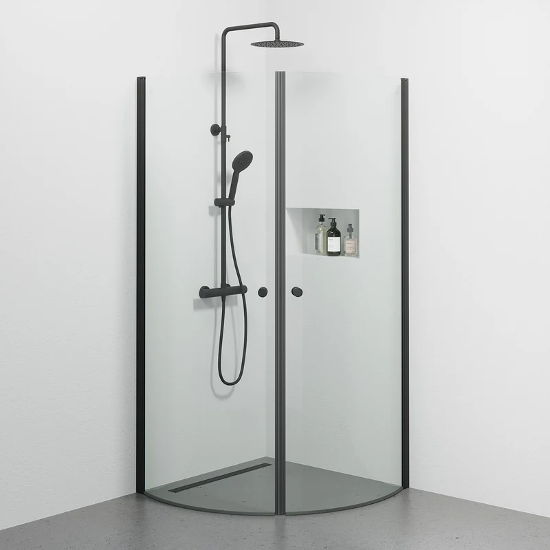 Duschkabin halvrund 90x90x190 cm - 5 mm klart glas - svart profil - Tulsa