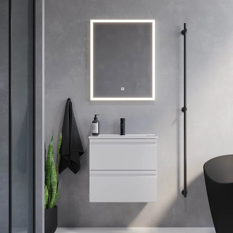Badrumsmöbel med integrerade Fronter - SLIM - 60x36x57 cm - matt vit - vit Porslin tvättställ - Knarrlagsund