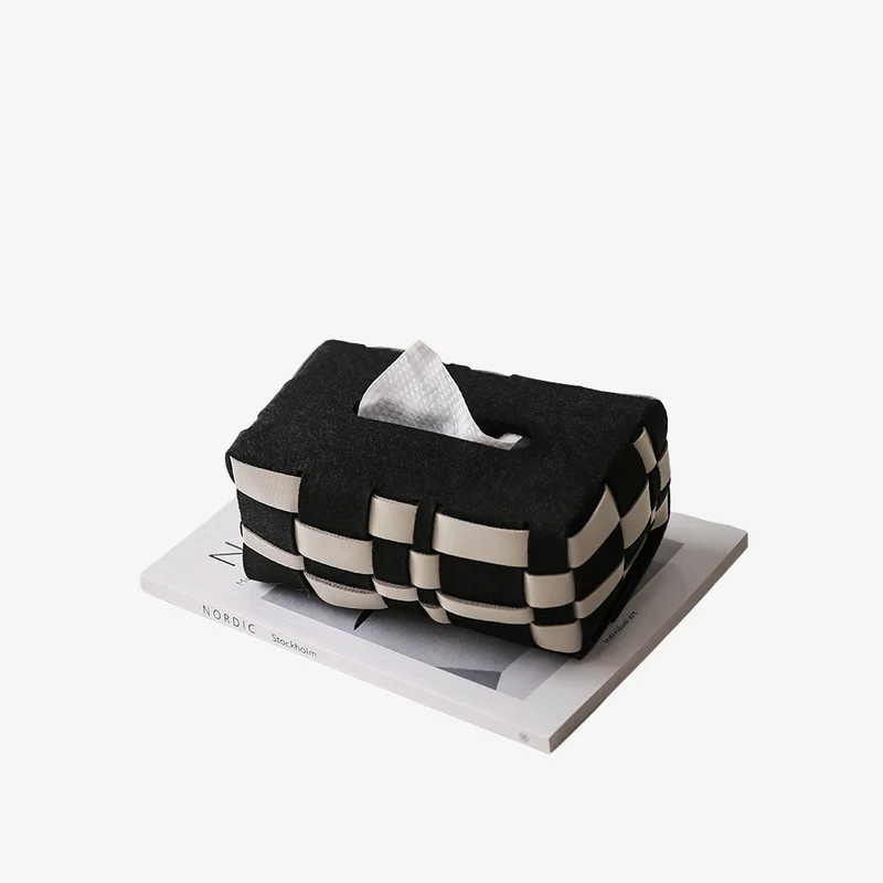 Ambiente Woven Black & White PU Leather Tissue Box 200 × 120 × 90 mm