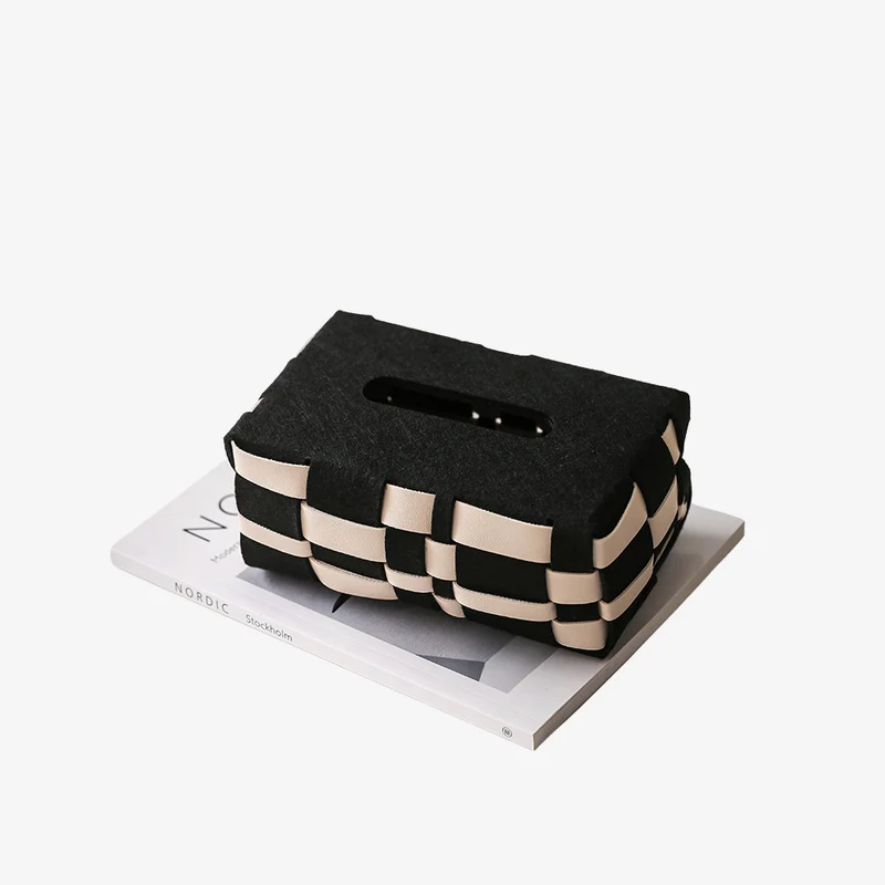 Ambiente Woven Black & Beige PU Leather Tissue Box 200 × 120 × 90 mm