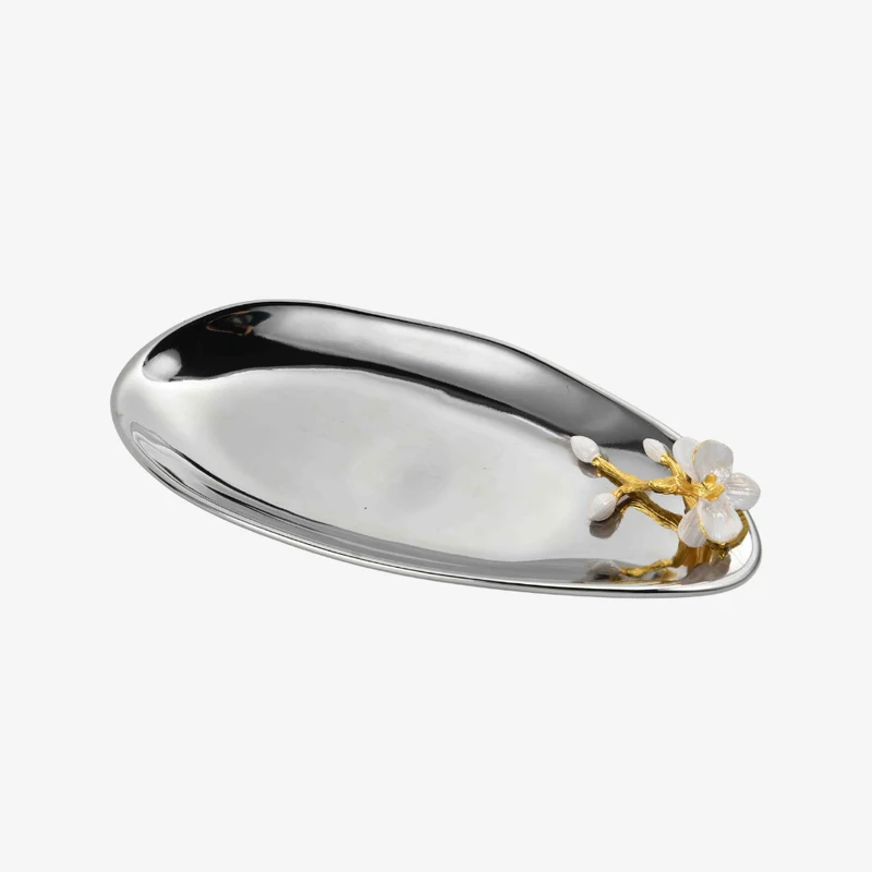 Ambiente Floral Accent Gold & White Stainless Steel Polished Mirror Serving Tray 320 × 150 × 70 mm