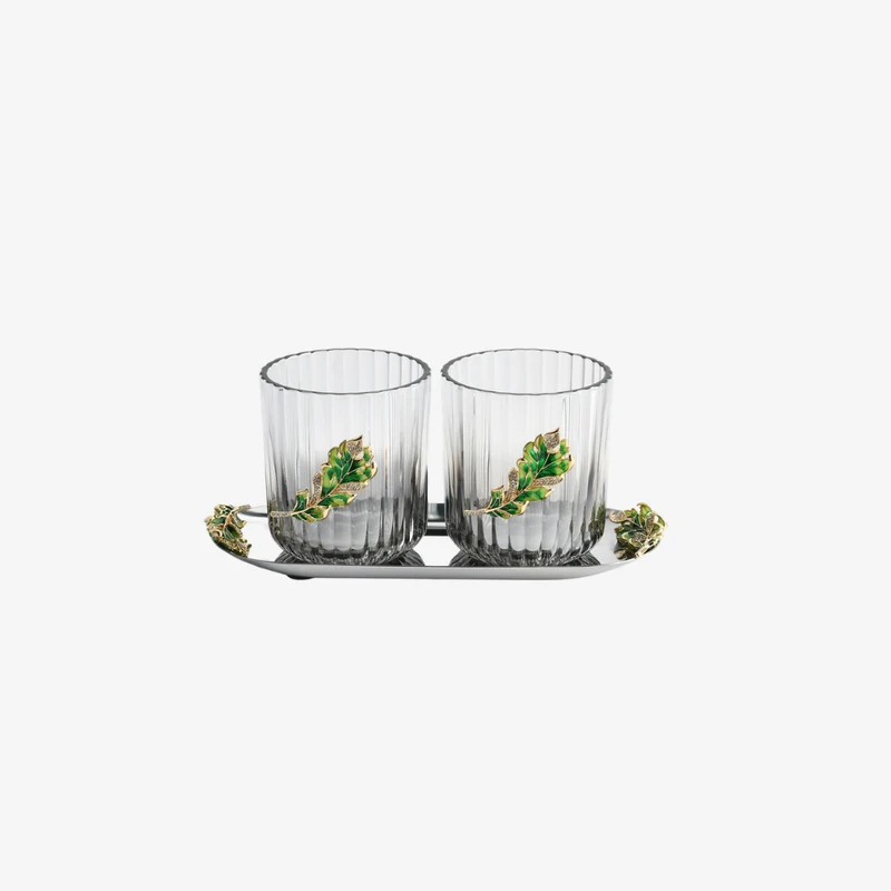 Ambiente Verde Leaf Green & Gold Alloy Stainless Steel & Glass Twin Glass Set with Tray 230 × 100 × 100 mm