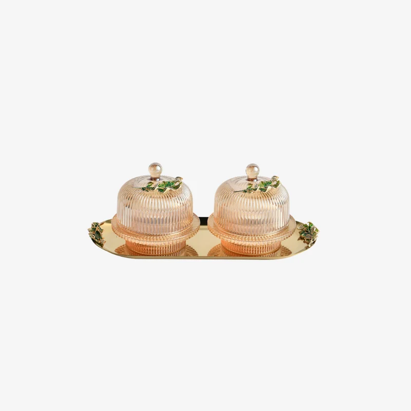Ambiente Gold Alloy Stainless Steel & Glass Ribbed Aurora Dome Twin Serving Set 310 × 120 × 110 mm