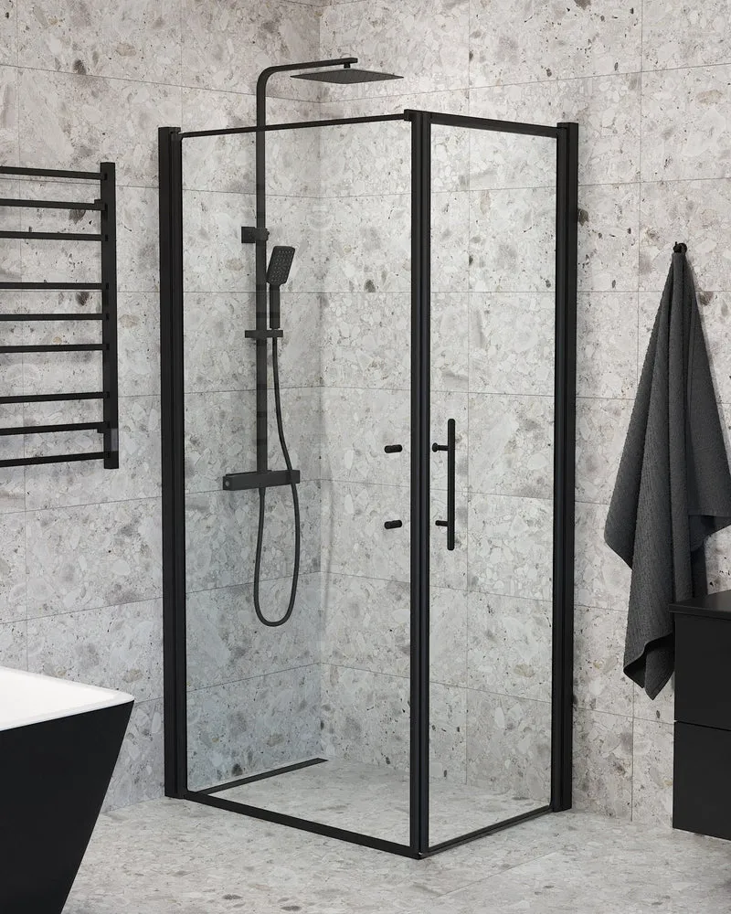 Duschkabin med duschvägg och dörr - 100x70x198 cm - 6 mm klart nanoglas - svart profil - Vänern