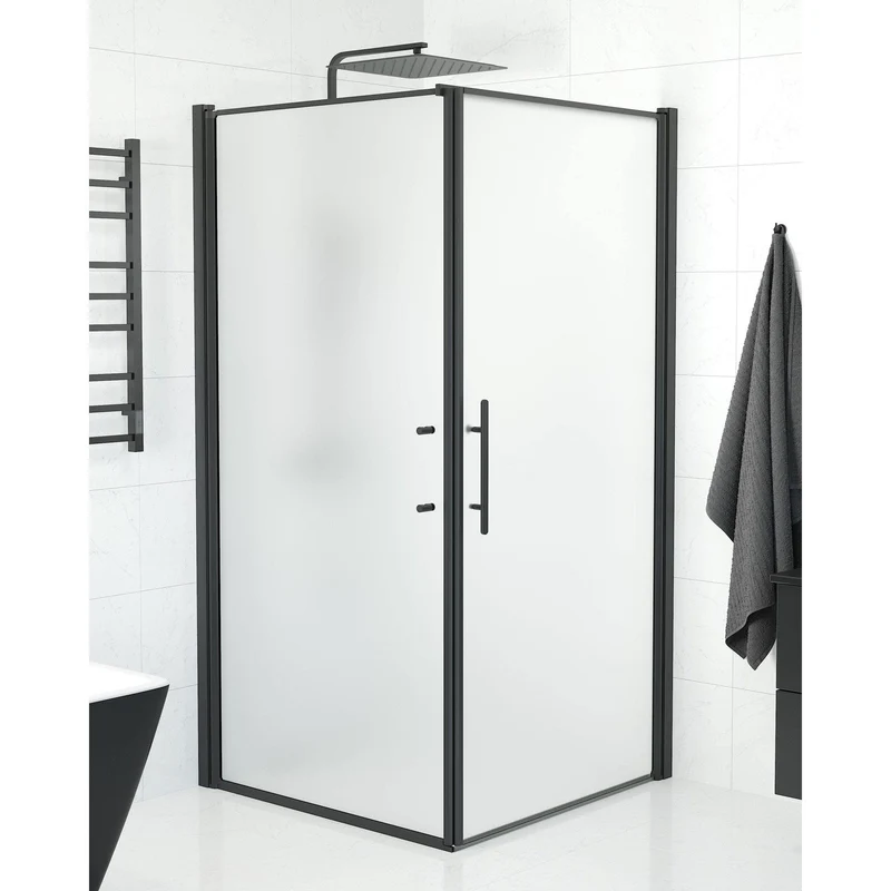 Duschkabin med duschvägg och dörr - 100x100x198 cm - 6 mm frostat nanoglas - svart profil - Vänern