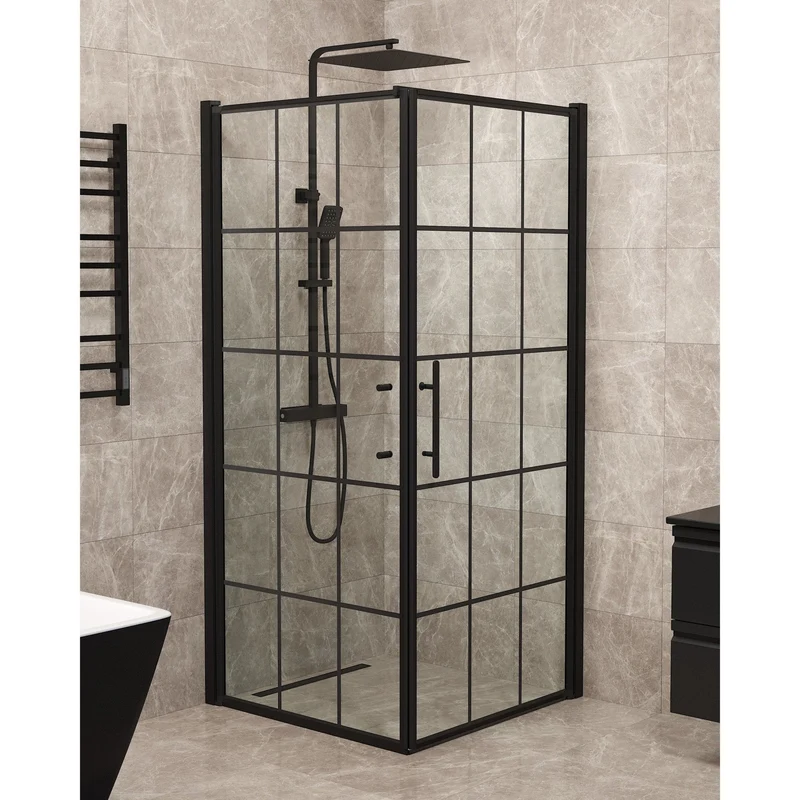 Duschkabin med duschvägg och dörr - 100x100x198 cm - 6 mm klart nanoglas med svarta spröjs - svart profil - Vänern