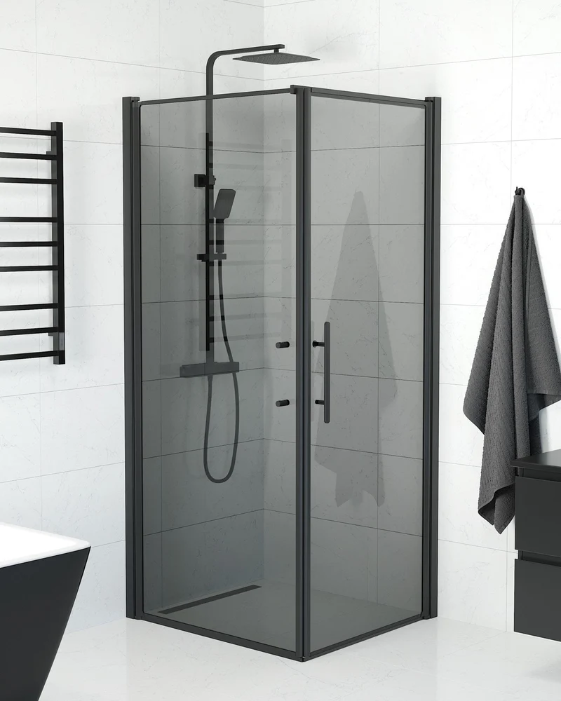 Duschhörna med duschvägg och dörr - 90x80x198 cm - 6 mm rökt nanoglas - svart profil - Vänern