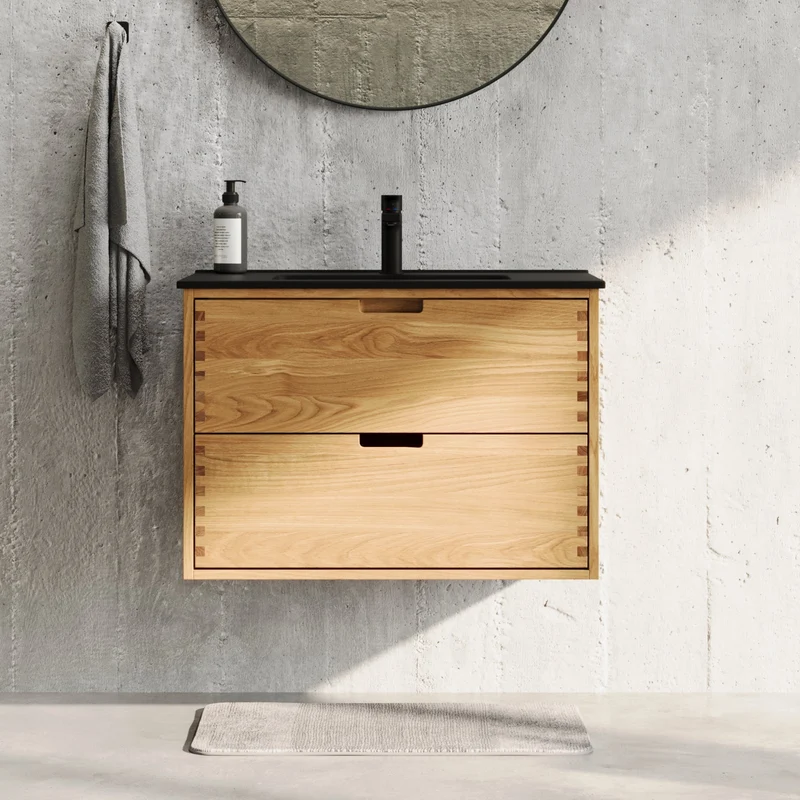Badrumsmöbel i massiv ek - 2 lådor med push-open - 80x46x57 cm - oljad ek - svart Porslin tvättställ - Egeskov