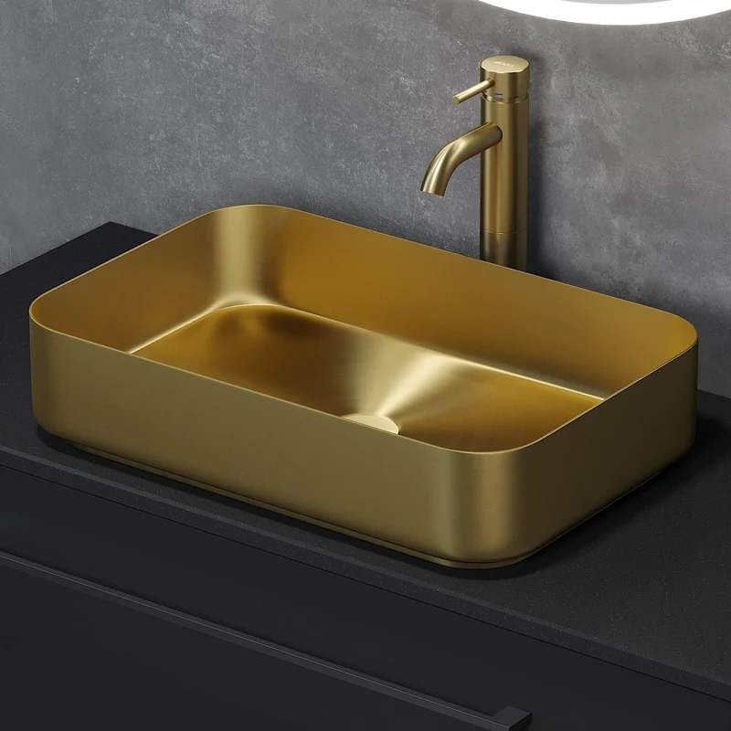 Fristående rektangulärt tvättställ – 52×34×12 cm – Borstat stål stål – borstad mässing – Ljørdal