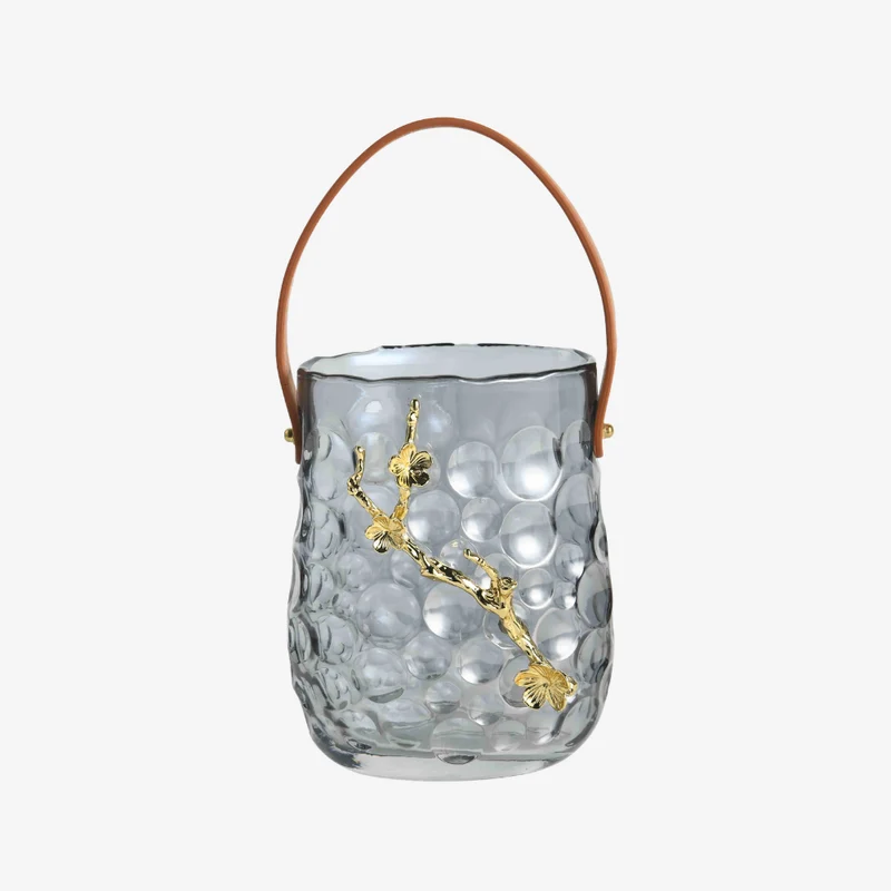 Ambiente Glass & Zinc Alloy Textured Decorative Vase with Handle 14 × 10 × 25 cm