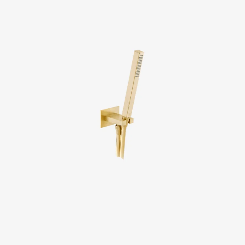 VADO Brushed Gold Brass Square Wall Mounted Single-Function Hand Shower Kit with 150 cm Hose Wall Bracket & Integrated Outlet 22 x 22 x 212 mm