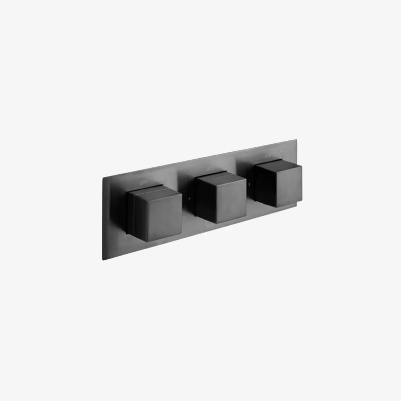 VADO Notion Brushed Black Wall Mounted 3-Outlet 3-Handle Concealed Thermostatic Tablet Valve with All-Flow 125.5 x 250 x 80 mm
