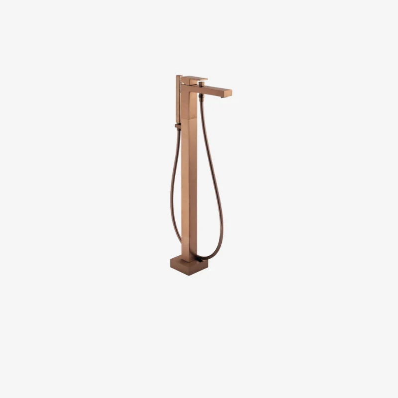 VADO Notion Brushed Bronze Brass Square Floor Standing Bath Shower Mixer with Shower Kit 300 x 50 x 870 mm