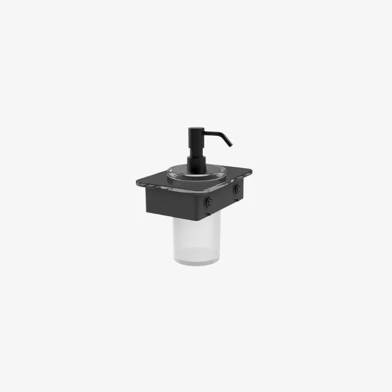 VADO Muse Square Wall Mounted Soap Dispenser with 150 mm Black Glass Shelf 108 × 150 × 185 mm