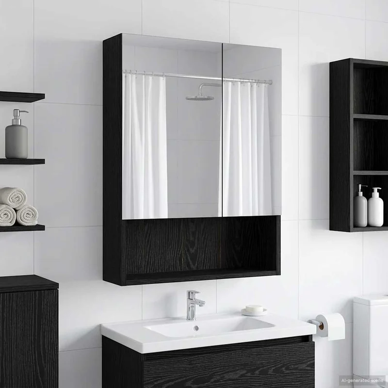 Badrumsspegelskåp Svart Ek 50 x 14,5 x 70 cm Konstruerat trä