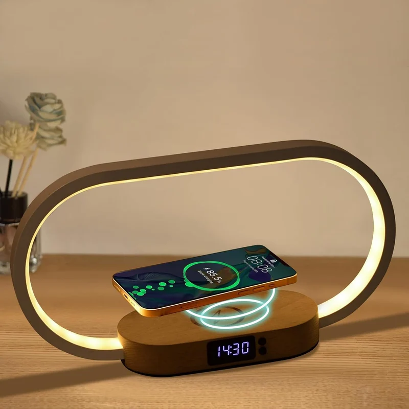 Trådlös laddande sängbords-lampa med klocka – Lumora | Veska