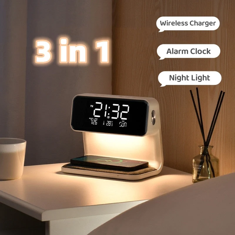 3-i-1 Sänglampa med Trådlös Laddare – LCD Väckarklocka & Touch Dimmbar LED Bordslampa | Veska