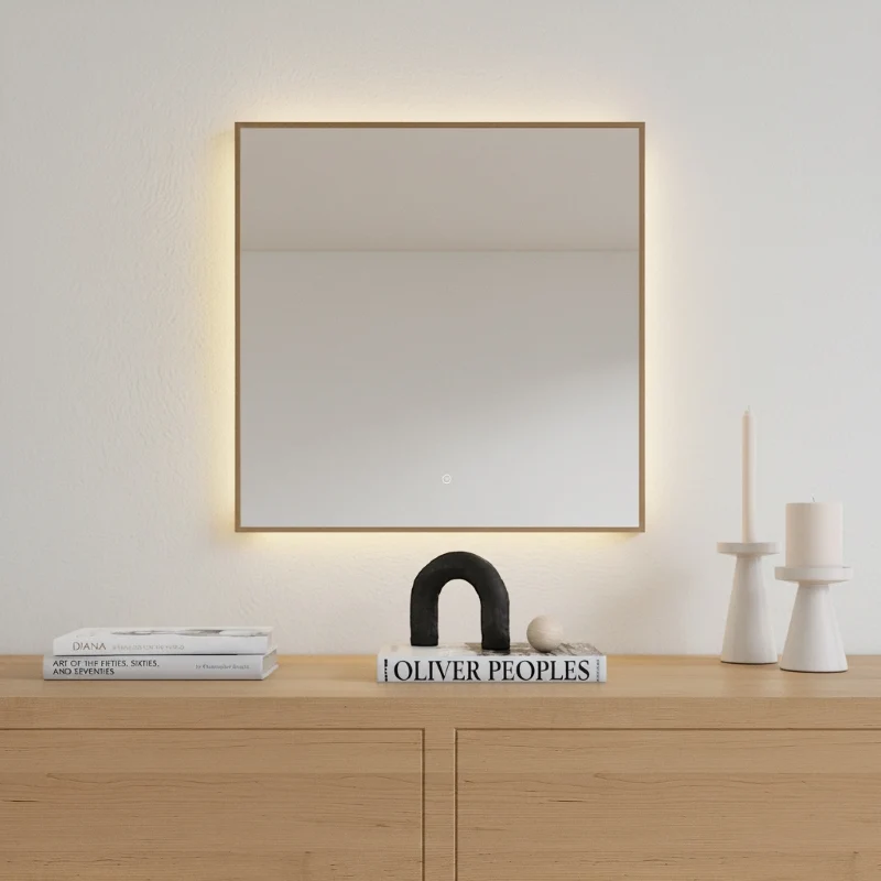 Aitta-peili LED-valoilla ja tammikehyksellä (50x50 cm)