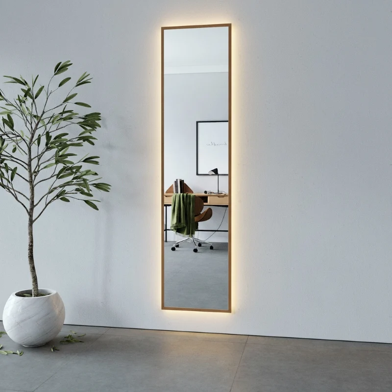 Aitta-peili LED-valoilla ja tammikehyksellä (50x200 cm)
