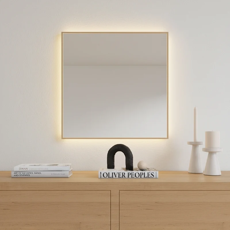 Aitta-peili LED-valoilla ja koivukehyksellä (50x50 cm)