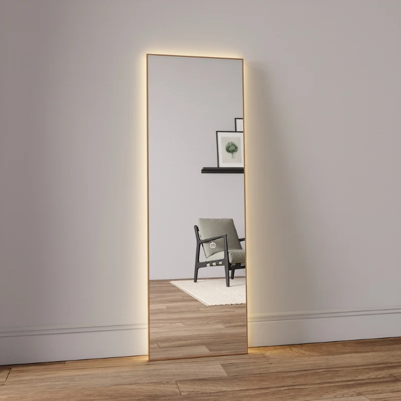 Aitta-peili LED-valoilla ja koivukehyksellä (50x150 cm)