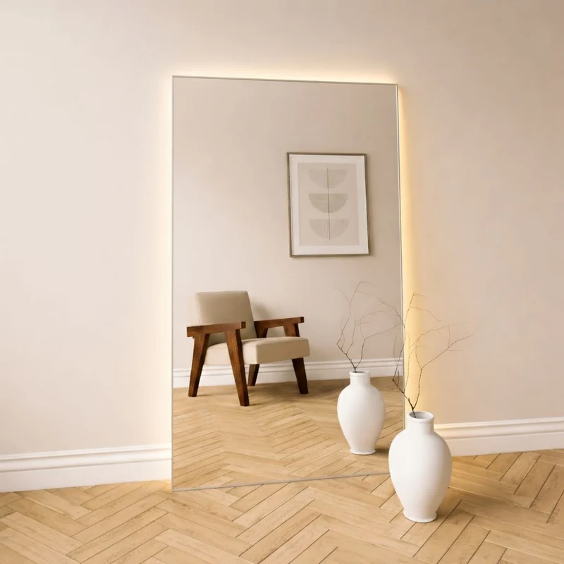 Aitta-peili LED-valoilla ja hopealla kehyksellä (100x170 cm)
