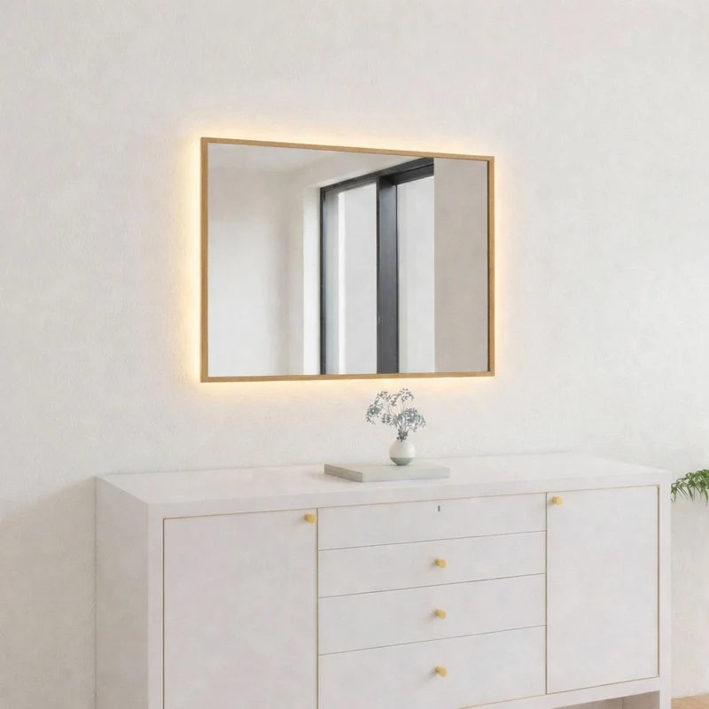 Aitta-peili LED-valoilla ja leppäkehyksellä (50x60 cm)