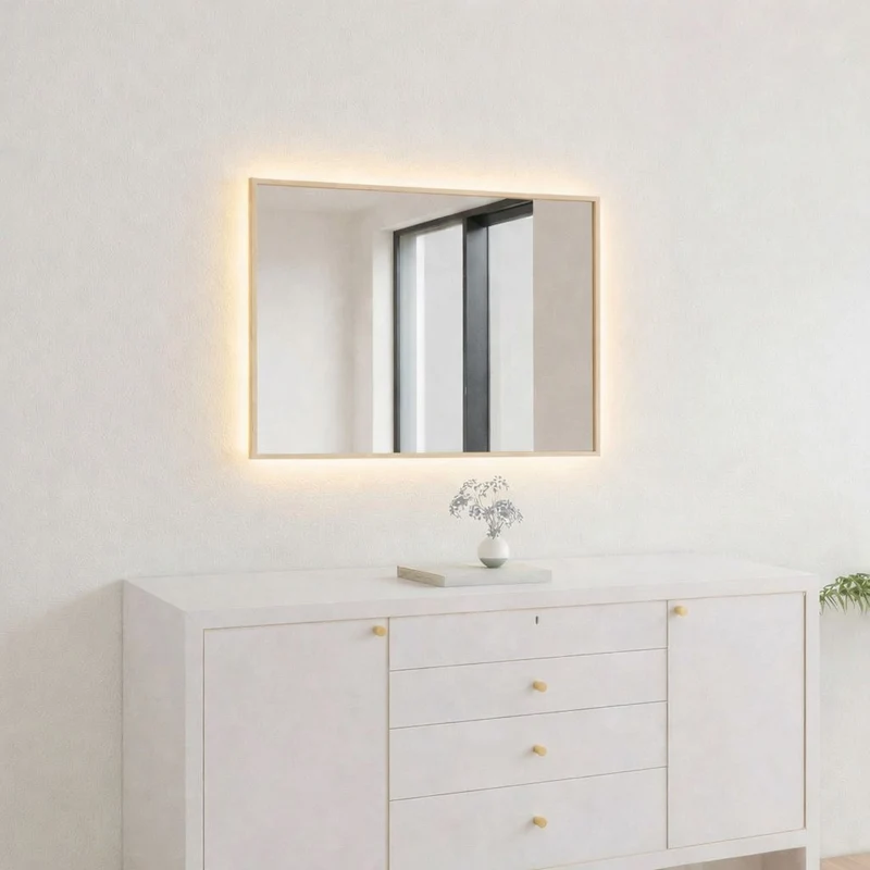 Aitta-peili LED-valoilla ja koivukehyksellä (50x60 cm)