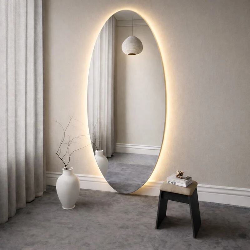 Soikea lattiapeili LED-valoilla (90x190 cm)