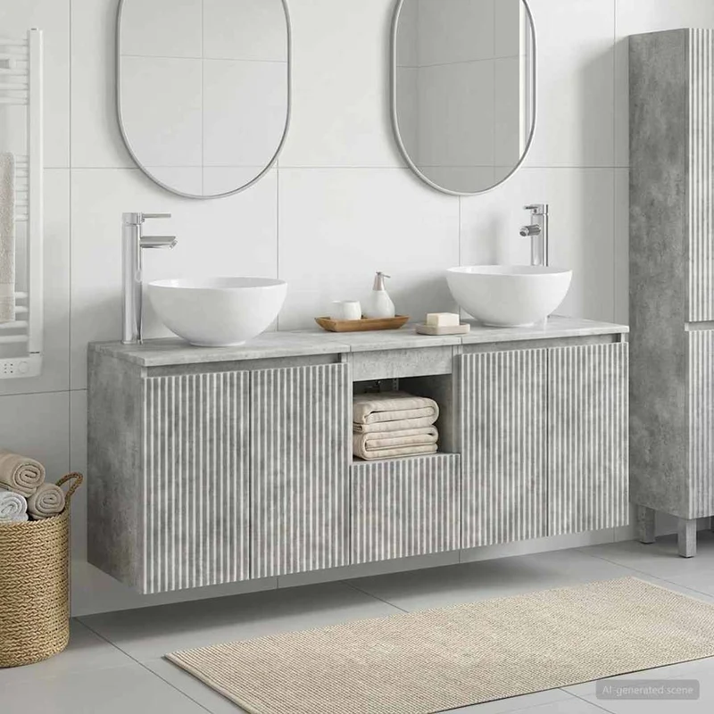 Badrumsskåpsset 3 st Betonggrå 129 x 35 x 80 cm Konstruerat trä